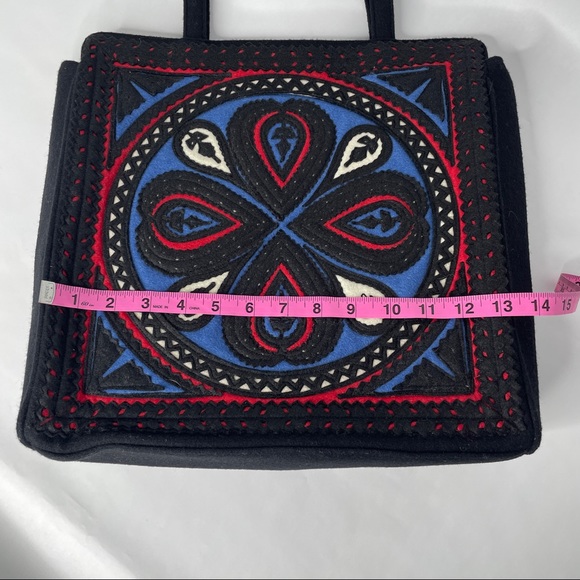 Lulu Guinness Tote Bag Black Blue Red Abstract Design Wool Shoulder Bag - Picture 12 of 14